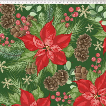 Tricoline estampa digital flores de natal fundo verde 