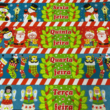 Tricoline estampado barrado semaninha papai noel e mamãe noel 