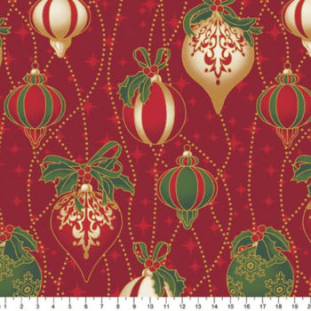 Tricoline estampado bolas natalinas e estrelas fundo vermelho 
