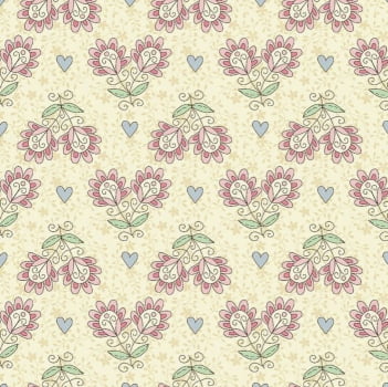 Tricoline estampado flores com corações fundo amarelo 