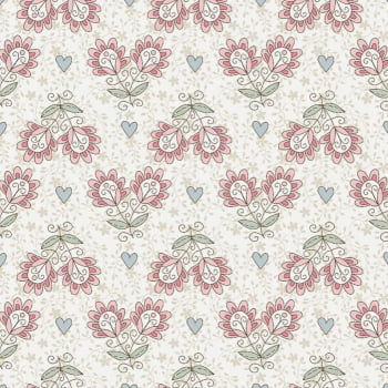 Tricoline estampado flores com corações fundo bege