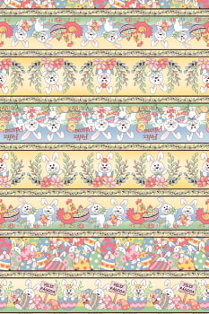 Tricoline estampado barrado coelhos e galinhas 