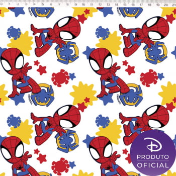 Tricoline estampado Marvel Spidey and friends fundo branco 