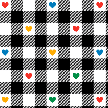 Tricoline estampa digital xadrez preto com corações coloridos 