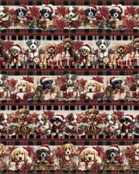 Tricoline estampa digital barrado cachorrinhos natalinos - CORTES 0,55m x 1,50m