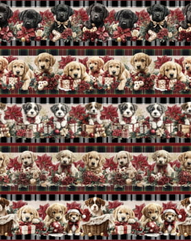 Tricoline estampa digital barrado cachorrinhos natalinos - CORTES 0,55m x 1,50m