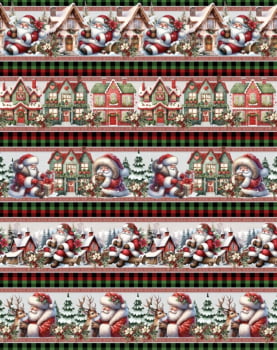 Tricoline estampa digital barrado cute claus - CORTES 0,55m x 1,50m 