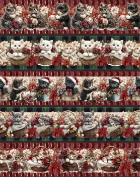 Tricoline estampa digital barrado gatinhos natalinos - CORTES 0,55m x 1,50m