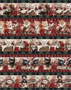 Tricoline estampa digital barrado gatinhos natalinos - CORTES 0,55m x 1,50m