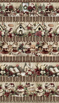Tricoline estampa digital barrado meninas de natal - CORTES 0,55m x 1,50m 