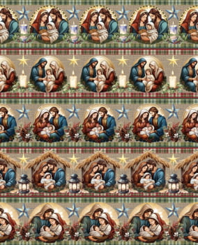 Tricoline estampa digital barrado natal religioso - CORTES 0,55m x 1,50m