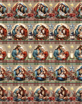 Tricoline estampa digital barrado natal religioso - CORTES 0,55m x 1,50m