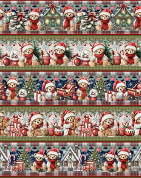Tricoline estampa digital barrado ursinhos de natal - CORTES 0,55m x 1,50m