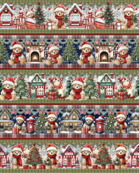 Tricoline estampa digital barrado ursinhos de natal - CORTES 0,55m x 1,50m