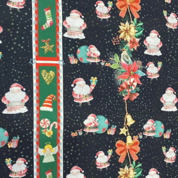 Tricoline estampa digital faixas papai noel fundo preto