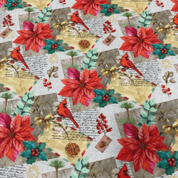Tricoline estampa digital flores de natal e cardeais com escritas ao fundo 