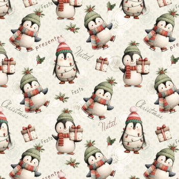 Tricoline estampa digital mini pinguins feliz natal 