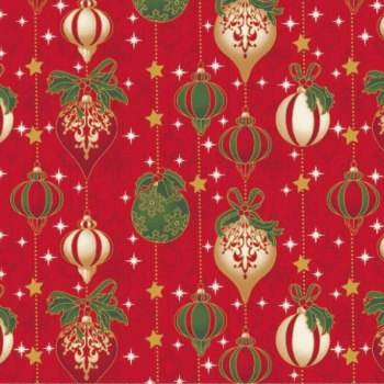 Tricoline estampado bolas de natal e estrelinhas fundo vermelho 