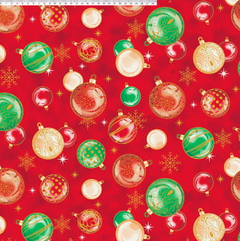 Tricoline estampado bolas de natal fundo vermelho 