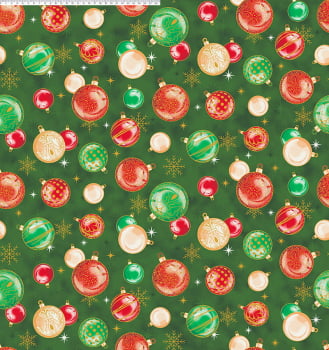 Tricoline estampado bolas de natal fundo verde