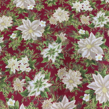 Tricoline estampado flores natalinas claras fundo vermelho 