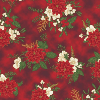 Tricoline estampado flores natalinas com fundo tipo poeirinha vermelho 