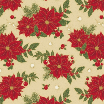Tricoline estampado flores natalinas e azevinhos fundo bege
