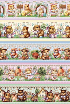 Tricoline estampa digital barrado capivaras de Páscoa - CORTES 0,55m x 1,50m