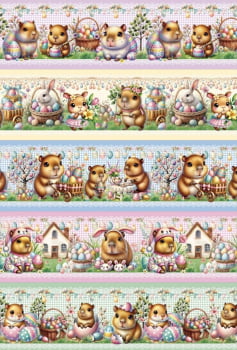 Tricoline estampa digital barrado capivaras de Páscoa - CORTES 0,55m x 1,50m