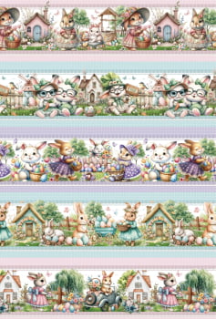 Tricoline estampa digital barrado coelhinhas charmosas - CORTES 0,55m x 1,50m 