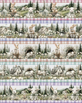 Tricoline estampa digital barrado coelhinho e seus amigos - CORTES 0,55m x 1,50m 