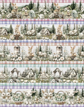 Tricoline estampa digital barrado coelhinho e seus amigos - CORTES 0,55m x 1,50m 