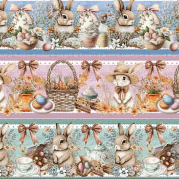 Tricoline estampa digital barrado coelhinhos e laços - CORTES 0,55m x 1,50m 