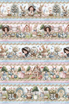 Tricoline estampa digital barrado encantos da Páscoa - CORTES 0,55m x 1,50m 