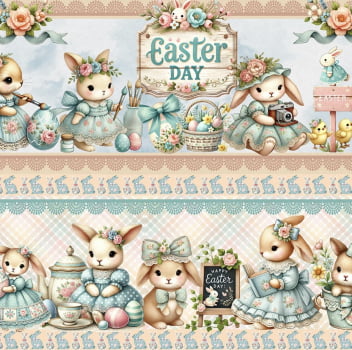 Tricoline estampa digital barrado lindeza de Páscoa - CORTES 0,55m x 1,50m 