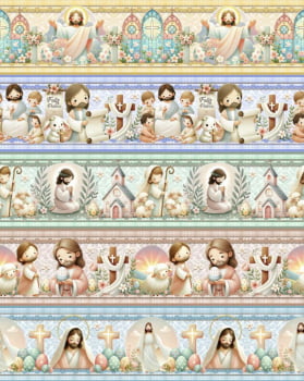 Tricoline estampa digital barrado Páscoa abençoada - CORTES 0,55m x 1,50m 