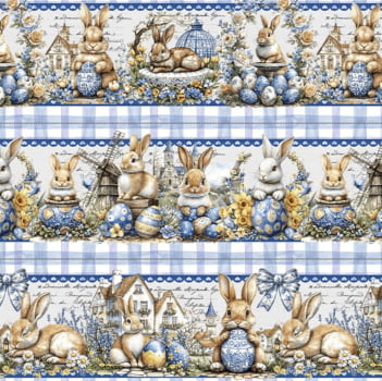 Tricoline estampa digital barrado Páscoa azul - CORTES 0,55m x 1,50m 