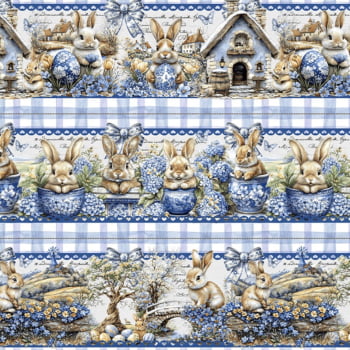 Tricoline estampa digital barrado Páscoa azul - CORTES 0,55m x 1,50m 