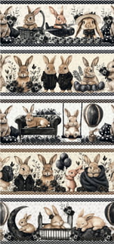 Tricoline estampa digital barrado Páscoa black - CORTES 0,55m x 1,50m 