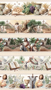 Tricoline estampa digital barrado Páscoa cristã - CORTES 0,55m x 1,50m 