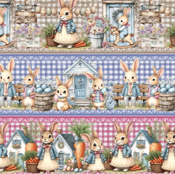 Tricoline estampa digital barrado Páscoa de fofuras - CORTES 0,55m x 1,50m 