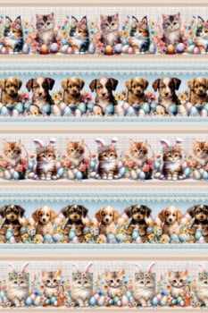 Tricoline estampa digital barrado Páscoa dos pets - CORTES 0,55m x 1,50m