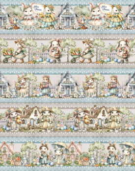 Tricoline estampa digital barrado spring bunny - CORTES 0,55m x 1,50m 