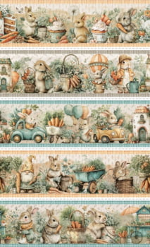 Tricoline estampa digital barrado vila dos coelhinhos- CORTES 0,55m x 1,50m 